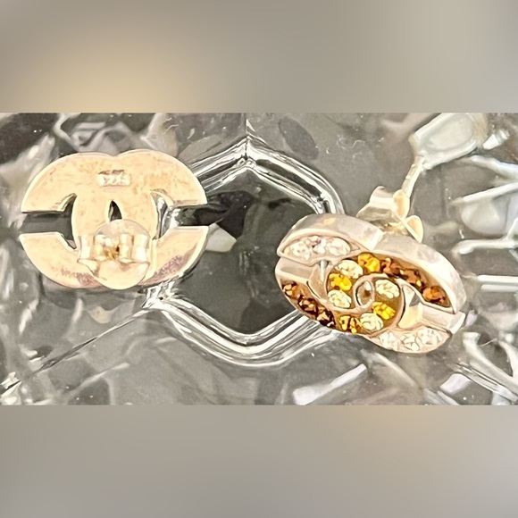 Sterling Silver Linked C’s Earrings Clear, Gold, Copper Rhinestone Crystals Gift - Picture 6 of 12